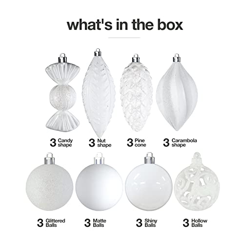 24 Shatterproof White Christmas Ornaments for Decor