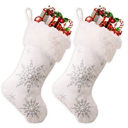 Ushinemi Large White Christmas Stockings with Snowflakes