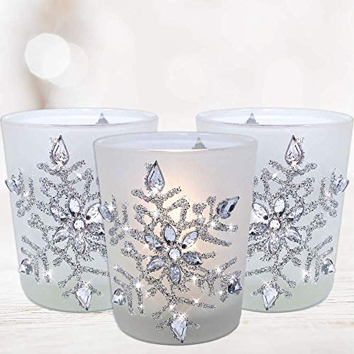 Glittery Snowflake Candleholders with LED Candles - Set of 3