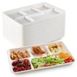 ECOLipak 100% Compostable 5 Compartment Plates, 100 Pack Disposable Compartment Paper Plates, 12.5 * 8.6 inch Biodegradable Sugarcane Plates, Eco-Friendly School Lunch Trays