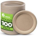 100% Compostable Paper Plates Heavy Duty - 100 Pack Biodegradable Disposable Plates - 6” Brown Disposable Dessert Plates Made of Eco-Friendly, Natural Unbleached Sugarcane Bagasse, Microwavable Plates
