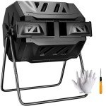 F2C 43 Gallon Dual Chamber Compost Bin - BPA Free, Heavy-Duty Steel Frame, Rotating Tumbler with Sliding Doors | Includes Gardening Gloves (Black)