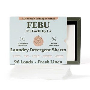 FEBU Eco Friendly Laundry Detergent Sheets | 96 Loads, Fresh Linen | 6x More Cleaning Power With Only 8 Plant-Based Ingredients | Hypoallergenic Laundry Sheets | Zero Waste Detergent Soap Sheet