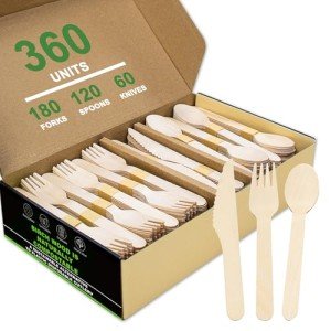 Loylux Disposable Wooden Cutlery Set - 360 Pcs Compostable Utensils [180 Forks, 60 Knives, 120 Spoons], Biodegradable Eco-Friendly Wooden Utensil Set, Disposable Cutlery for Parties Camping