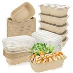 ABuff 100 Pack Disposable Paper Bowls with PP Lid, 23 Oz Compostable Take Out Food Containers Rectangular Bagasse Bowls, Biodegradable Meal Prep Food Storage Deli Container for Hot/Cold Food