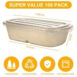 ABuff 100 Pack Disposable Paper Bowls with PP Lid, 23 Oz Compostable Take Out Food Containers Rectangular Bagasse Bowls, Biodegradable Meal Prep Food Storage Deli Container for Hot/Cold Food