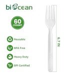 Biocean 100% Compostable Forks 60 Count Disposable Forks Heavy Duty Utensils Set Fork Silverware Eco Friendly Flatware Plastic Free for Party Camping Picnics Wedding-Ivory White