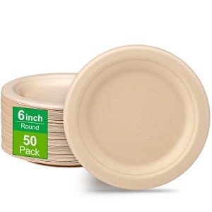 Greconv Eco Friendly Small Paper Plates - 6 Inch, 50 Pack, Compostable, Made of Sugarcane Fibers, Brown, Dessert Plates