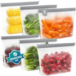Dishwasher Safe Reusable Storage Bags Stand Up - BPA Free Reusable Sandwich Bags - Leakproof Gallon Freezer Bags, Silicone Food Storage Bags -Grey 6 Gallon Bags