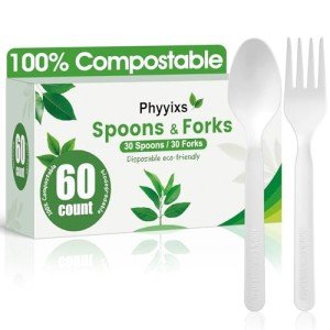 Phyyixs 100% Compostable, Heavy Duty Eco-Friendly Utensils - 60 Pieces (30 Forks + 30 Spoons) - BPA-Free, Durable, Suitable for Indoor/Outdoor Use - Disposable Cutlery Set