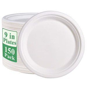 Vplus 150 Pack Paper Plates 9 inch 100% Compostable Plates Heavy-Duty Disposable Paper Plates Bagasse Natural Biodegradable Eco-Friendly Sugarcane Plates（White）