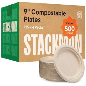 100% Compostable Paper Plates 9 Inch [500 Count] Heavy-Duty Dinner Plates - Natural Brown Color Unbleached Bagasse - Eco-Friendly Disposable Biodegradable Sugarcane Plates - [Bulk Case 4/125 Pack]