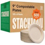100% Compostable Paper Plates 9 Inch [500 Count] Heavy-Duty Dinner Plates - Natural Brown Color Unbleached Bagasse - Eco-Friendly Disposable Biodegradable Sugarcane Plates - [Bulk Case 4/125 Pack]
