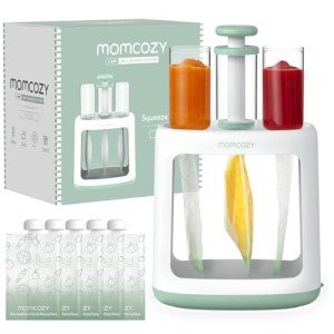 Momcozy Baby Food Maker for Puree Food Storage, Precise Capacity Squeeze Station, Save Time & Efficient, No Food Splashing, Baby Essentials, with 5pcs Reusable Portable Food Storage Bags for Outdoor