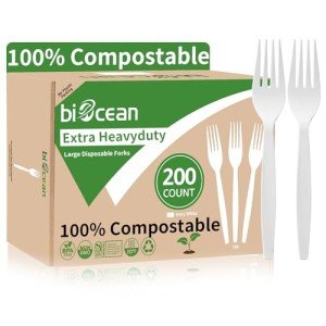 Biocean Extra Heavyduty Compostable Forks [200 Count,7In] Disposable Cutlery No Plastic Forks Large Biodegradable Utensils Eco Friendly Silverware Serving Flatware for Party,Daily Use,BBQ,Picnic