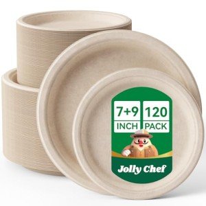 JOLLY CHEF Compostable Heavy Duty Plates 𝟳 𝗶𝗻𝗰𝗵 𝗮𝗻𝗱 𝟵 𝗶𝗻𝗰𝗵 [𝟭𝟮𝟬 𝗣𝗮𝗰𝗸] Eco-Friendly Disposable Paper Plates Bagasse Biodegradable Sugarcane Fibers Round Bulk for Party Dinner(Brown)