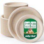 JOLLY CHEF Compostable Heavy Duty Plates 𝟳 𝗶𝗻𝗰𝗵 𝗮𝗻𝗱 𝟵 𝗶𝗻𝗰𝗵 [𝟭𝟮𝟬 𝗣𝗮𝗰𝗸] Eco-Friendly Disposable Paper Plates Bagasse Biodegradable Sugarcane Fibers Round Bulk for Party Dinner(Brown)