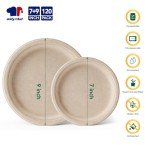 JOLLY CHEF Compostable Heavy Duty Plates 𝟳 𝗶𝗻𝗰𝗵 𝗮𝗻𝗱 𝟵 𝗶𝗻𝗰𝗵 [𝟭𝟮𝟬 𝗣𝗮𝗰𝗸] Eco-Friendly Disposable Paper Plates Bagasse Biodegradable Sugarcane Fibers Round Bulk for Party Dinner(Brown)