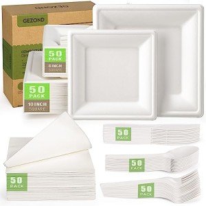 Gezond Compostable Paper Plates Set 300pcs Disposable Sugarcane Plates 10 Inch Eco-friendly White Square Plates with Napkins Biodegradable Heavy-duty Utensils for Party