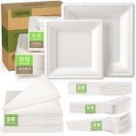 Gezond Compostable Paper Plates Set 300pcs Disposable Sugarcane Plates 10 Inch Eco-friendly White Square Plates with Napkins Biodegradable Heavy-duty Utensils for Party