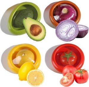 Alyone Avocado Saver and Tomato Holder - Set of 4 Reusable Storage Containers for Fridge - Ideal for Garlic, Onions, Lemons, and Potatoes