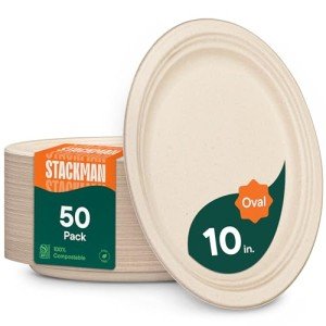 100% Compostable Oval Paper Plates [50-Pack] - {PFAS-Free} - {BPI Certified} - [10 Inch] Heavy Duty, Eco-Friendly, Biodegradable Bagasse Dinner Platters - Natural Brown 10" Oval Plates by Stack Man