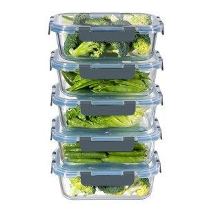 MFY 5-Pack 36 OZ Glass Storage Containers with Lids, Glass Meal Prep Containers Set, Airtight Lunch Containers with Lids, Microwave, Oven, Freezer and Dishwasher Safe, Gray