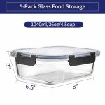 MFY 5-Pack 36 OZ Glass Storage Containers with Lids, Glass Meal Prep Containers Set, Airtight Lunch Containers with Lids, Microwave, Oven, Freezer and Dishwasher Safe, Gray
