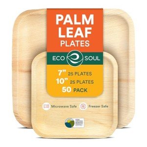 ECO SOUL Compostable 7 & 10 Inch Palm Leaf Square Plates (50 Count) Like Bamboo Plates | Biodegradable | Eco-Friendly, Microwave & Oven Safe - Party Pack