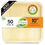 Raj Eco Compostable Palm Leaf Plates Like Bamboo Plates Disposable - 10 Inch Square 50 Party Plate, Natural Wooden, Eco-Friendly, Fancy Biodegradable & Disposable Wedding Picnic Plate