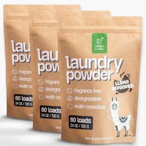 Green Llama Eco-Friendly Laundry Powder, (3-Pack) - Hypoallergenic, 180 Loads Total, Safe for Sensitive Skin, Biodegradable Ingredients, Compostable Bag - Effective Unscented Cleaning - without Scoop