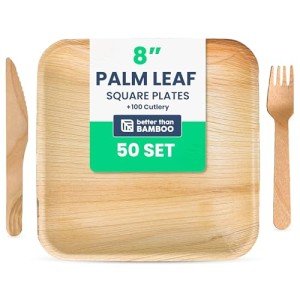 50 Palm Leaf Disposable Plates (8 Inch) + 100 FREE Compostable Cutlery (50 Forks, 50 Knives) | Heavy Duty Party Plates | Biodegradable, Eco-Friendly and Alternative to Bamboo, Wood, Paper, Plastic