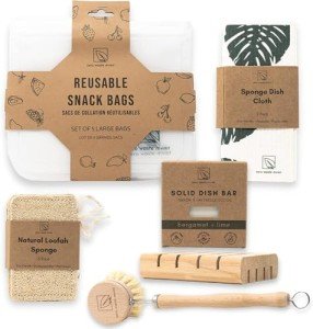 Zero Waste MVMT Ultimate Dish Washing Bundle | Eco-Friendly Gift | Solid Dish Soap Bar, Cedar Soap Tray, Wood Dish Brush, Bamboo Pot Brush, Swedish Dishcloths & Loofah Sponge | 9 pc. Set