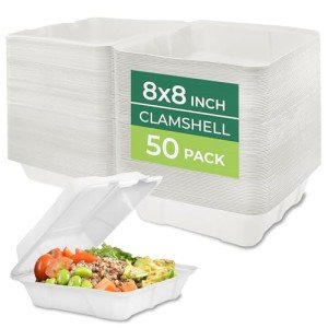 Freshware Compostable Clamshell Food Containers - 8x8" 50-Pack, Biodegradable Sugarcane To Go Boxes, Heavy Duty Paper Containers - Microwave & Freezer Safe, Stackable