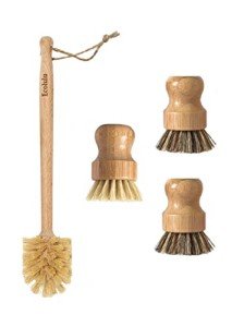 ECOLULU Bamboo Dish Brush Set & Wood Bottle Brush for Wide Mouth Bottles, Cups and Jars, (4 units total), Wooden Dish Brush, Biodegradable, Eco Friendly Products