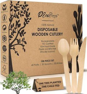 EcoPreps 100% Compostable Wooden Cutlery Set (100 PCS - 40 Forks, 30 Spoons, 30 Knives) Eco-Friendly, Natural, Biodegradable Disposable Utensils Set | Birch Wood Disposable Forks, Knives, Spoons Sets