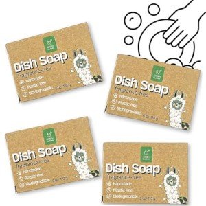 Green Llama Natural Dish Soap Bars - 4-Pack, Coconut Oil-Based, Fragrance-Free, Biodegradable Kitchen Soap | Eco-Friendly, Non-Toxic, Handmade Solid Dishwashing & Dishwasher Cleaner