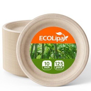 ECOLipak 100% Compostable 10 Inch Paper Plates, 125 Pack Heavy Duty Disposable Biodegradable Eco-friendly Sugarcane Bagasse Plates for Dinner Party