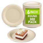 Uniecocus Compostable Paper Plates Bulk, 300 Pack Small 6 inch Eco Friendly Disposable Dessert Plates