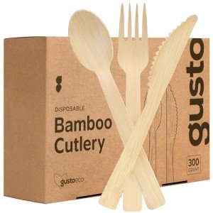 GUSTO [300 Combo Pack] Compostable Bamboo Cutlery Set, 150 Forks - 100 Spoons - 50 Knives Disposable Utensils for Parties, Camping, and Everyday Use