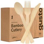 GUSTO [300 Combo Pack] Compostable Bamboo Cutlery Set, 150 Forks - 100 Spoons - 50 Knives Disposable Utensils for Parties, Camping, and Everyday Use