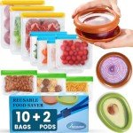 (10+2 Set) Reusable Food Storage Bags with Avocado Saver and Onion Keeper, Dishwasher Safe Reusable Bags Silicone for Freezer, Stretch Pods for Avocados, Tomatoes, Lemons, Fruit and Veggie Savers