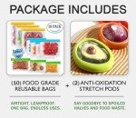 (10+2 Set) Reusable Food Storage Bags with Avocado Saver and Onion Keeper, Dishwasher Safe Reusable Bags Silicone for Freezer, Stretch Pods for Avocados, Tomatoes, Lemons, Fruit and Veggie Savers