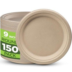 100% Compostable Paper Plates Heavy Duty - 150 Pack Biodegradable Disposable Plates – 9” Brown Disposable Dinner Plates Made of Eco-Friendly, Natural Unbleached Sugarcane Bagasse, Microwavable Plates