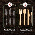 SUROQUE Compostable Wooden Cutlery Set - 410 PCS(120 Forks, 120 Spoons, 120 Knives, 50 Bamboo Sticks) Eco-Friendly & Biodegradable Disposable Utensils Set Natural & Sustainable for Parties