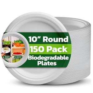 Ask Packaging 100% Compostable 10 Inch Strong Disposable Paper Plates – 150 Pack Heavy-Duty Eco-Friendly Biodegradable White Natural Bagasse Plates for Party Christmas Picnic Home Office
