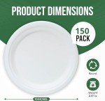 Ask Packaging 100% Compostable 10 Inch Strong Disposable Paper Plates – 150 Pack Heavy-Duty Eco-Friendly Biodegradable White Natural Bagasse Plates for Party Christmas Picnic Home Office