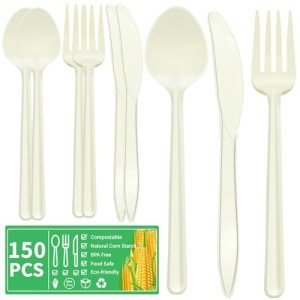 100% Compostable No Plastic Knives Forks Spoons Cutlery Set，7In 150pcs (50 Forks,50 Spoons,50 Knives) Disposable Eco Friendly Heavy Duty Silverware Set Flatware for Camping Party Wedding BBQ Picnic.