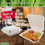 Perfectware 100% Compostable 3 Comp Take Out Food Containers 9x9. 25 Containers, Natural Disposable Bagasse, Eco-Friendly Biodegradable Made of Sugar Cane, Green (PW3comptbagasse-25ct)