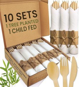 EcoPreps Premium Pre Rolled Napkin and Bamboo Cutlery Set (10 Pack, 40 PCS) 100% Biodegradable, Eco-Friendly, Disposable Wrapped Cutlery - Pre-Wrapped Bamboo Forks, Knives, Spoons, Napkins, Brown Roll
